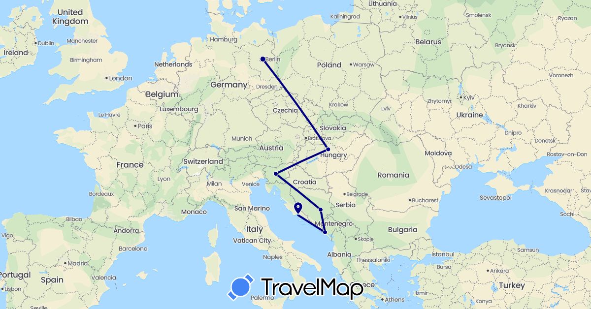 TravelMap itinerary: driving in Bosnia and Herzegovina, Germany, Croatia, Hungary, Montenegro, Slovenia (Europe)